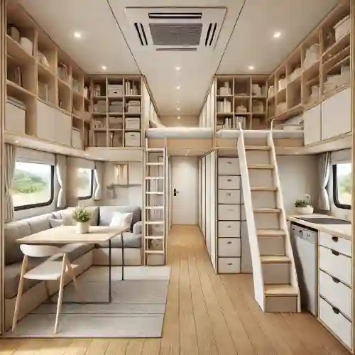 A mobile home interior showcasing vertical storage and foldable furniture 